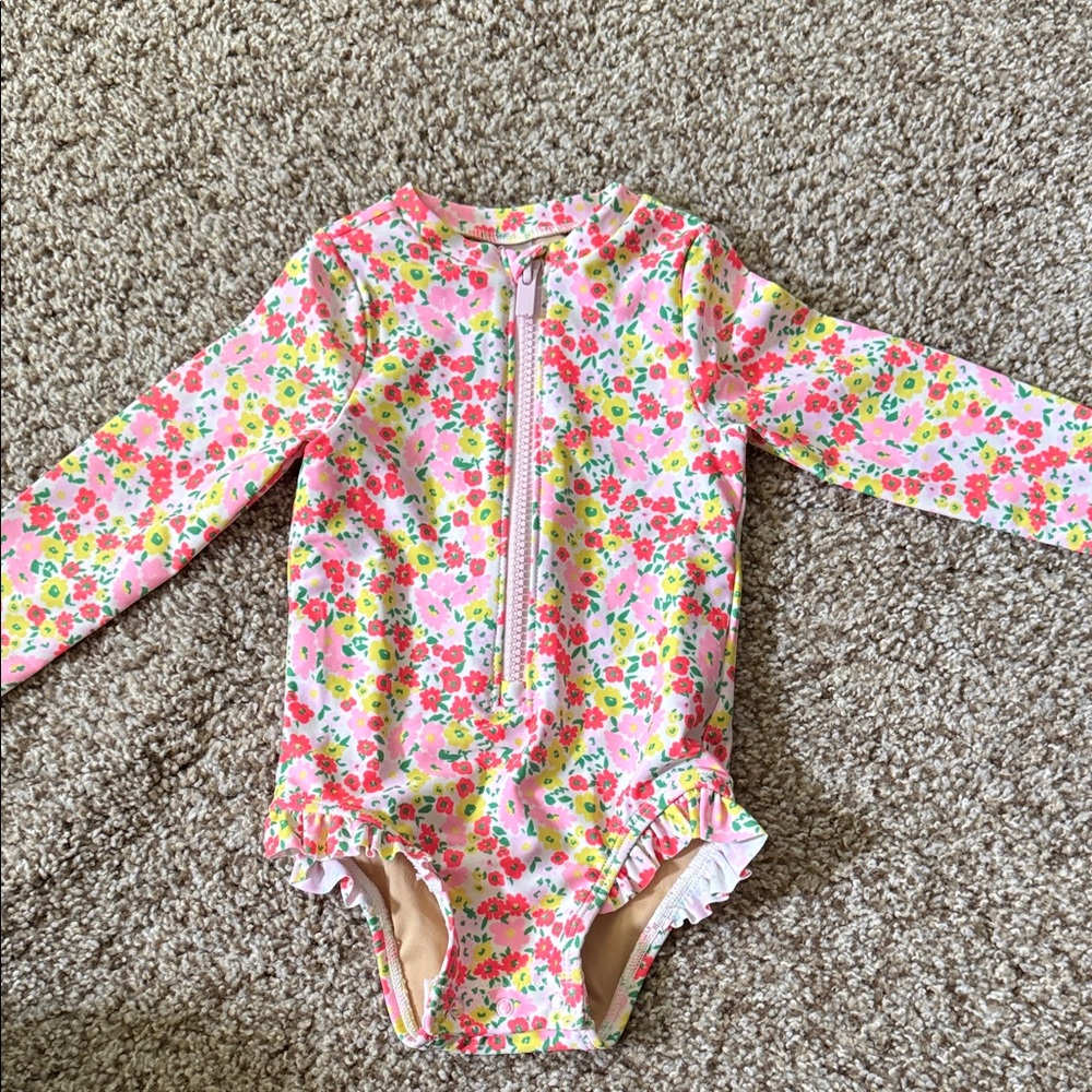 Girls' Pink Floral Long-Sleeve Rash Guard Swimsuit